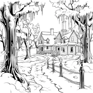 idyllisches-ausmalbild-mit-winterhaus-und-schneebedeckten-baeumen