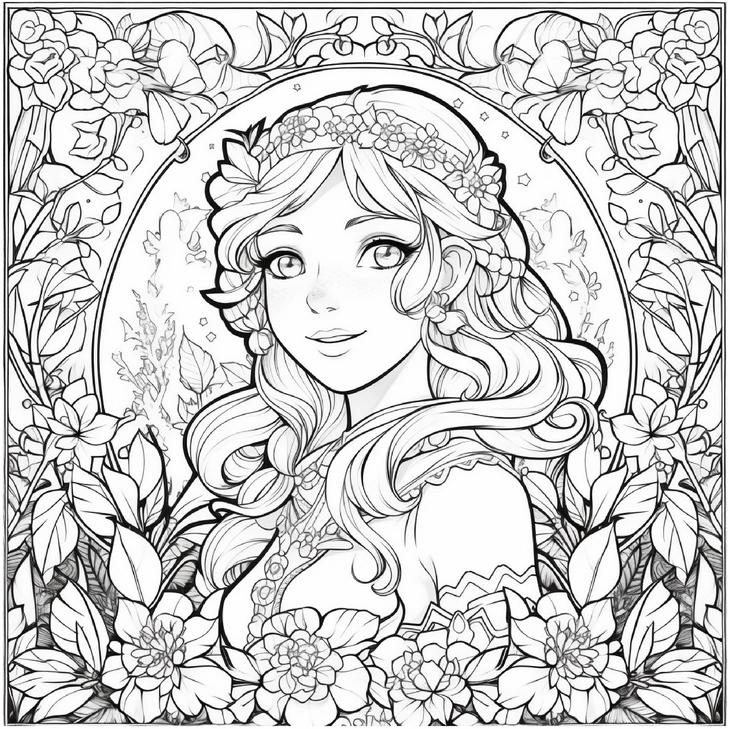 junge-frau-in-blumenlandschaft-ausmalbild