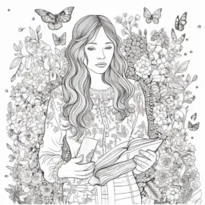 junge-frau-mit-buch-und-blumen-ausmalbild