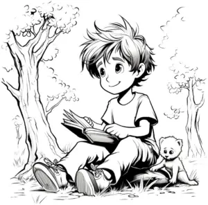 junge-liest-ein-buch-mit-tier-im-natur-umfeld