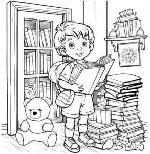 junge-mit-buch-und-plueschbaer-ausmalbild