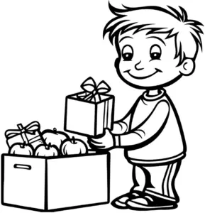 junge-mit-geschenken-und-aepfeln-ausmalbild