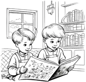 jungen-beim-lesen-in-bibliothek-ausmalbild