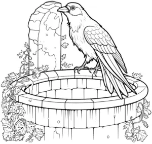 junger-rabe-auf-brunnen-mit-pflanzen