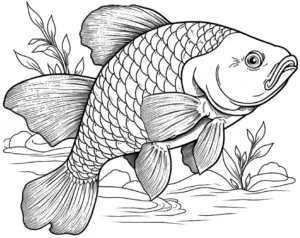 karpfen-ausmalbild-mit-wasserpflanzen-und-steinen