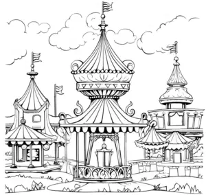 karussell-ausmalbild-mit-festlichen-tuern-und-fahnen