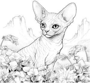 katze-blumen-berge-ausmalbild