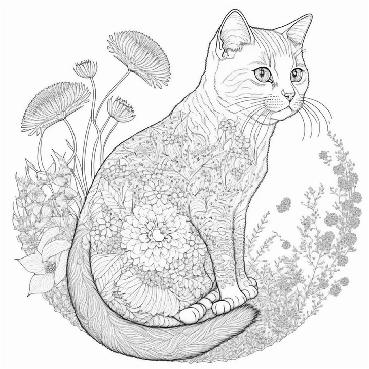katze-mit-blumen-und-pflanzen-ausmalbild