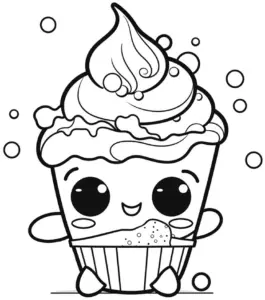 kawaii-ausmalbild-mit-cupcake-und-bubbles