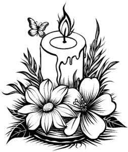 kerze-mit-blumen-und-schmetterling-ausmalbild