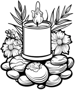 kerze-mit-blumen-und-steinen-ausmalbild