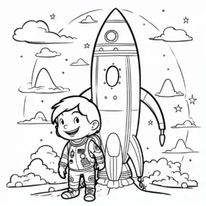 kind-und-rakete-im-weltall-ausmalbild