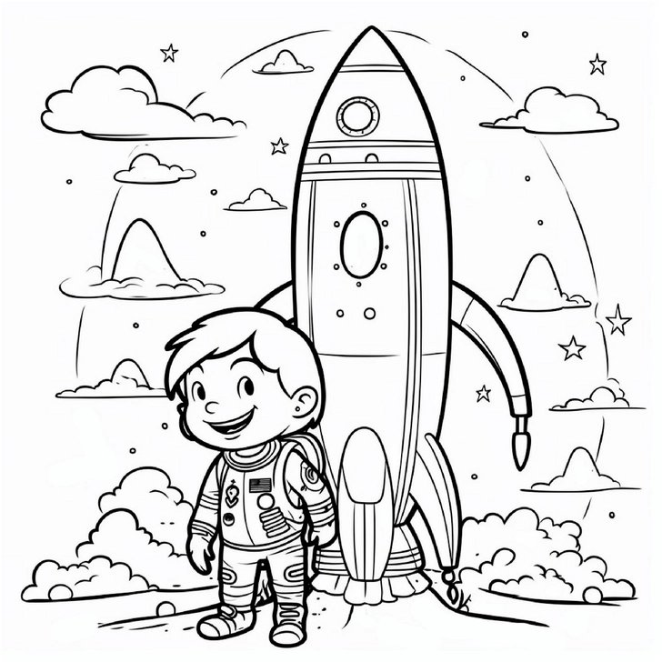 kind-und-rakete-im-weltall-ausmalbild