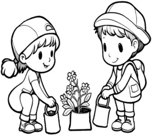 kinder-beim-blumenpflanzen-ausmalbild