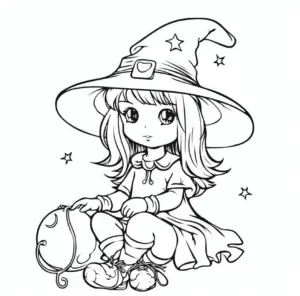 kleine-hexe-mit-zauberhut-ausmalbild