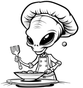 koch-ausserirdischer-mit-spatel-und-gerichten