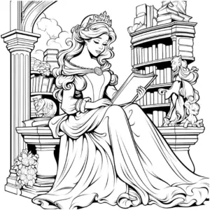 koenigin-mit-buch-in-bibliothek-ausmalbild