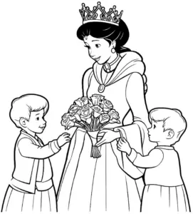 koenigin-mit-kindern-und-rosen-ausmalbild