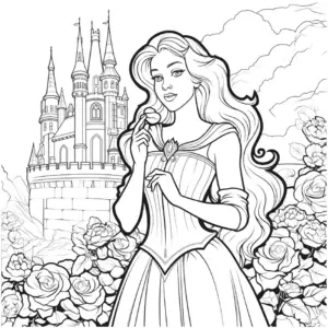 koenigin-mit-schloss-und-blumen-im-ausmalbild