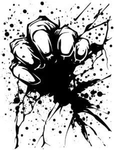 kreatives-ausmalbild-mit-brechender-faust-und-farbspritzern