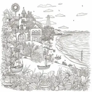 kuestenlandschaft-mit-booten-und-pflanzen-am-strand