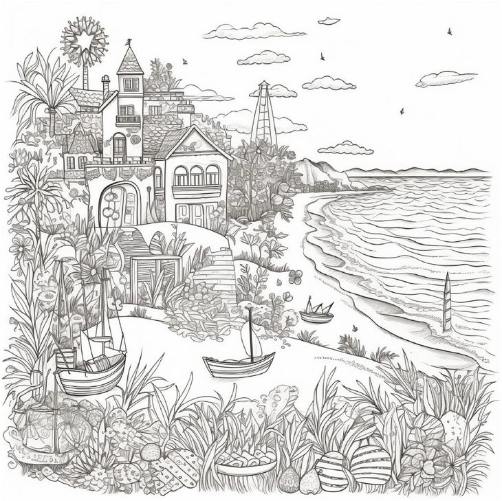 kuestenlandschaft-mit-booten-und-pflanzen-am-strand