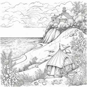 kuestenlandschaft-mit-zelt-und-haeuschen