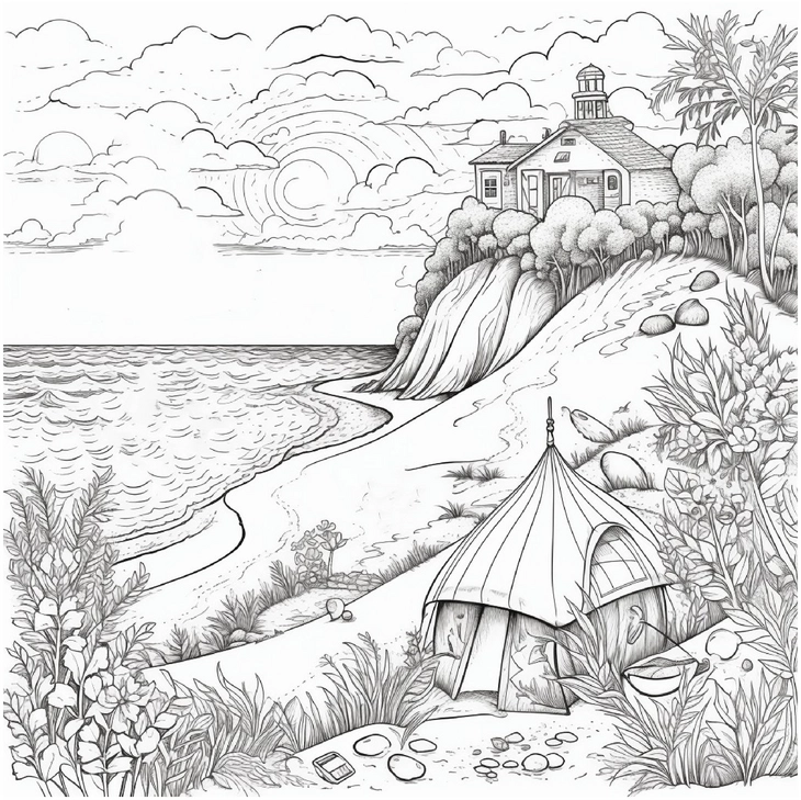 kuestenlandschaft-mit-zelt-und-haeuschen