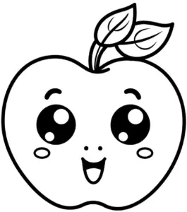 laechelnder-apfel-ausmalbild-mit-grossen-augen-und-blaettern
