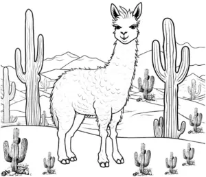 lama-in-der-wueste-mit-kaktussen-ausmalbild