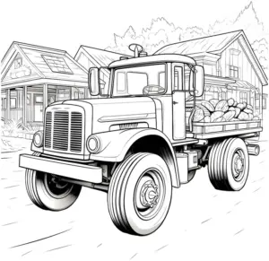 lastwagen-ausmalbild-mit-haeusern-im-hintergrund