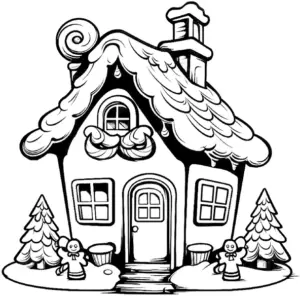 lebkuchenhaus-ausmalbild-mit-tannenbaeumen-und-figuren