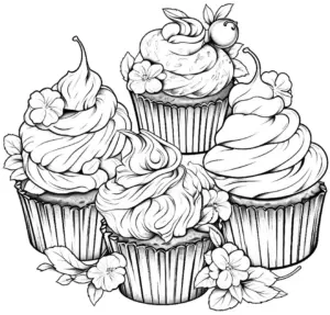 leckere-cupcakes-ausmalbild-mit-blumen-und-blaettern