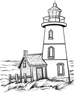 leuchtturm-ausmalbild-mit-haeuschen-und-meer
