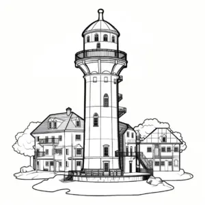 leuchtturm-ausmalbild-mit-haeusern-und-baeumen