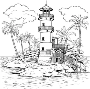 leuchtturm-ausmalbild-mit-palmbaeumen-und-meer