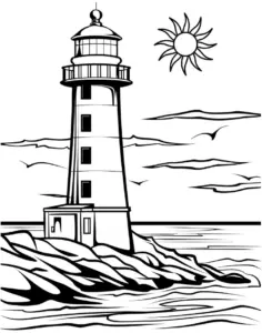leuchtturm-ausmalbild-mit-sonne-und-meer