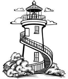 leuchtturm-ausmalbild-mit-treppe-und-bueschen