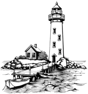 leuchtturm-mit-haus-und-bootsanleger-ausmalbild