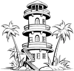 leuchtturm-mit-palmen-ausmalbild