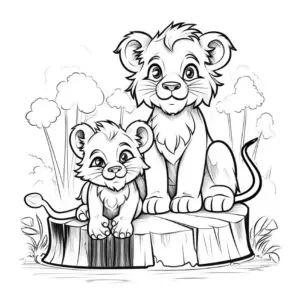 loewenjunge-auf-baumstamm-ausmalbild