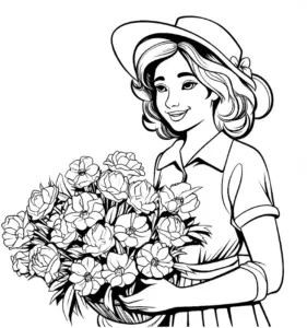 maedchen-mit-blumenstrauss-ausmalbild