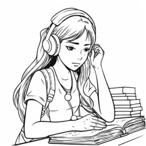 maedchen-mit-kopfhoerern-und-buch-ausmalbild