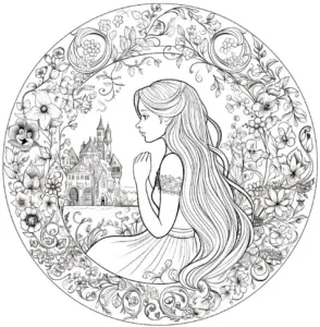 maedchen-mit-schloss-und-blumen-ausmalbild