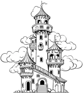 maerchenhaftes-ausmalbild-eines-schlosses-mit-tuern-und-wolken