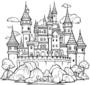 maerchenhaftes-schloss-ausmalbild-mit-tuermern-und-baeumen