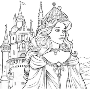 majestatische-koenigin-mit-schloss-ausmalbild