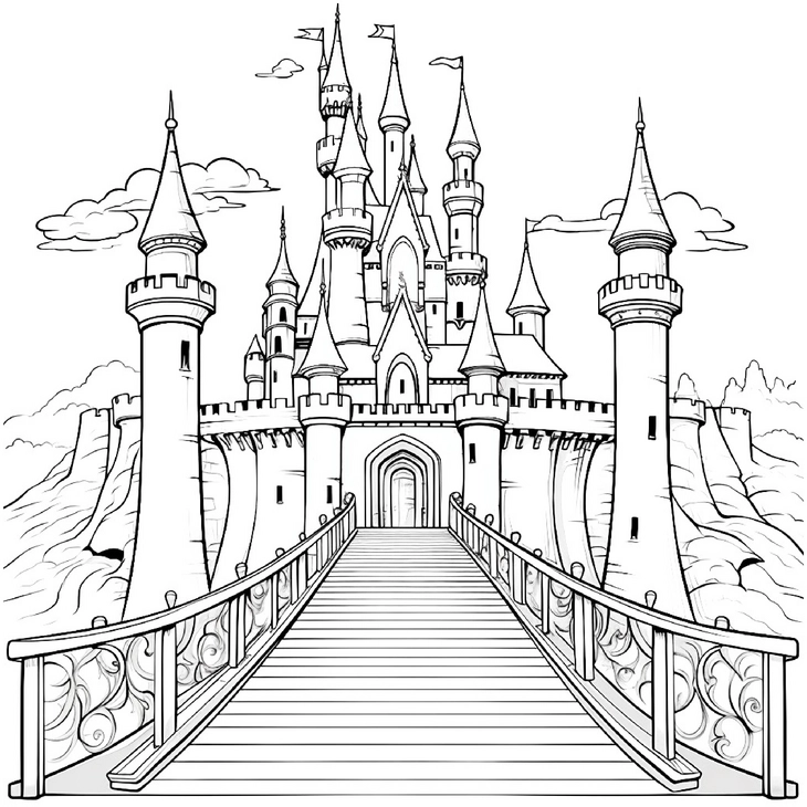 majestetische-burg-ausmalbild-mit-bruecke-und-tuern