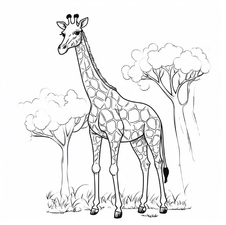 majestetische-giraffe-ausmalbild-mit-baeumen