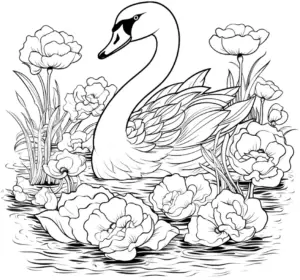 majestetischer-schwan-mit-blumen-ausmalbild